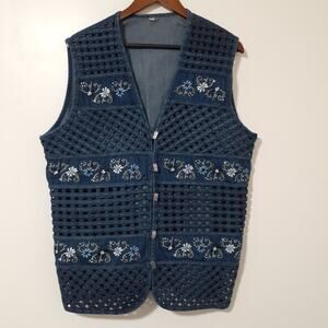 Vintage Women's Denim Vest XL Blue Embroidered Lattice Design Cotton